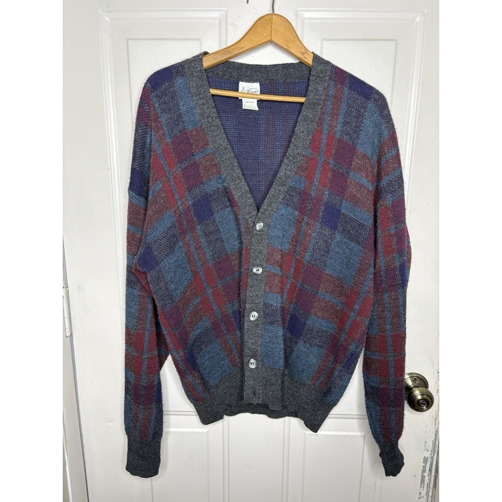 Vintage Maglificio Florence Italy Cardigan Sweater Large Plaid Wool Blend 90s